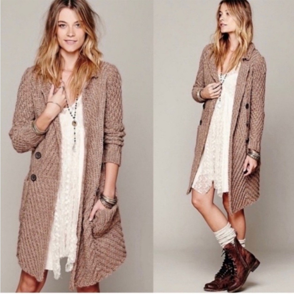Free People Cardigan Sweater Womens S Taupe Alpaca‎ Wool Blend Chunky Knit